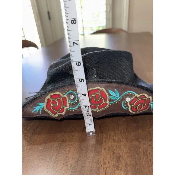 Peter Grimm Black Straw Cowboy Hat Embroidered Rose Band Western Festival O/S - Picture 11 of 12